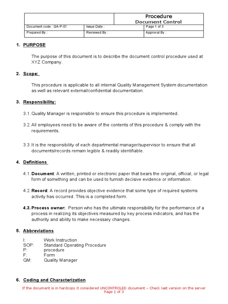 Draft Document Control Procedure PDF Document Quality Management