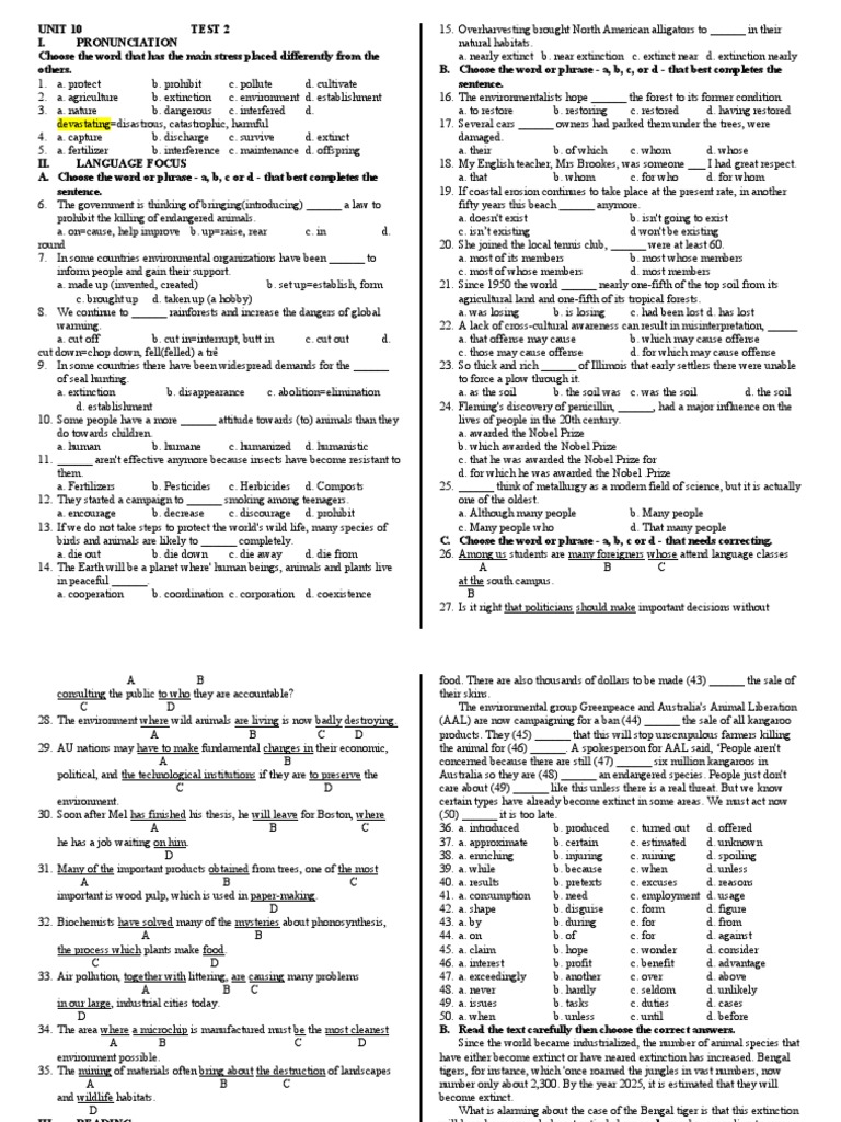 E11 - Unit 10 (Basic) - Test 2 | PDF | Extinction | Hunting