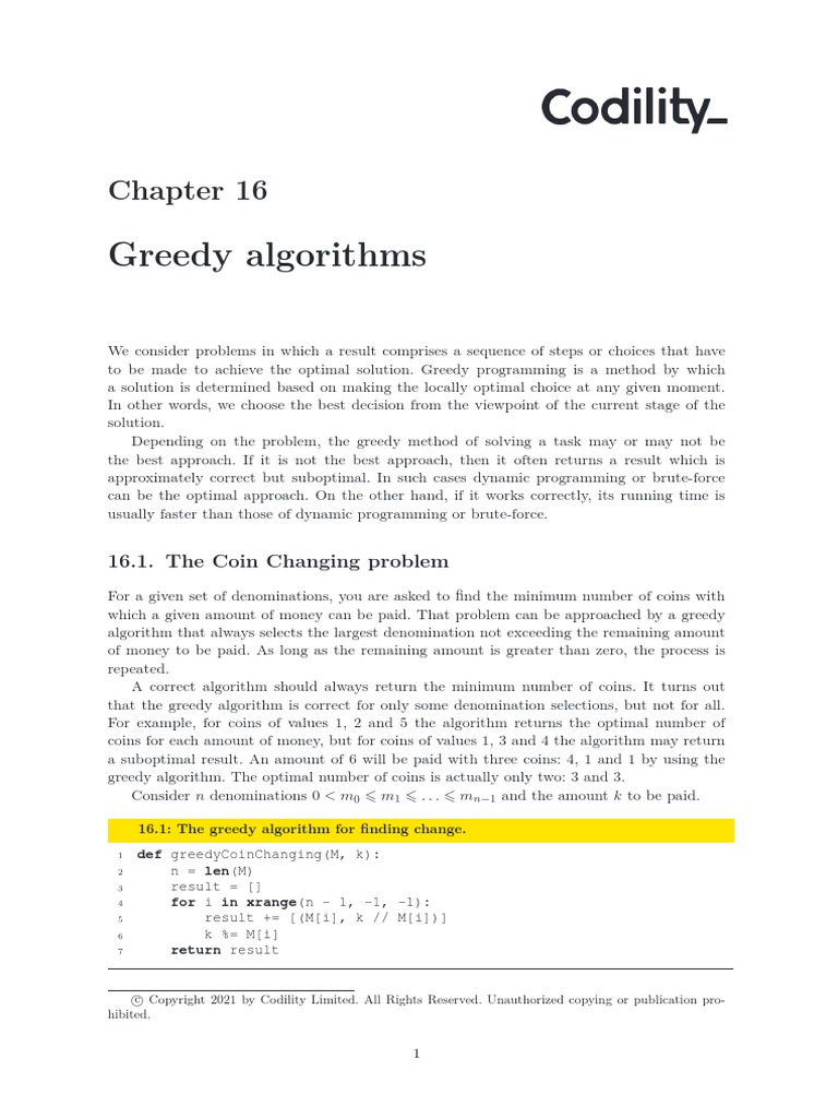 Greedy Algorithms: 16.1. The Coin Changing Problem | PDF | Dynamic ...