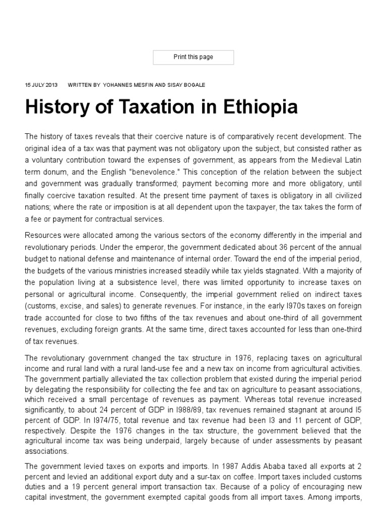 History of Taxation in Ethiopia PDF Taxes Value Added Tax
