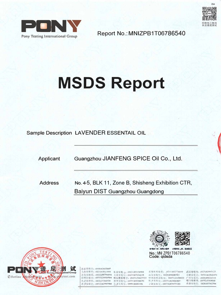 Phatoil Single Essential Oil MSDS Certificate Lavender Essential Oil