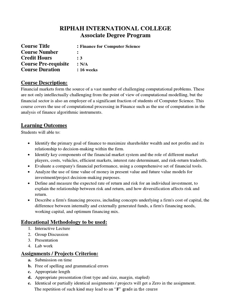 Finance for Computer Science Course Outline | PDF | Valuation (Finance ...