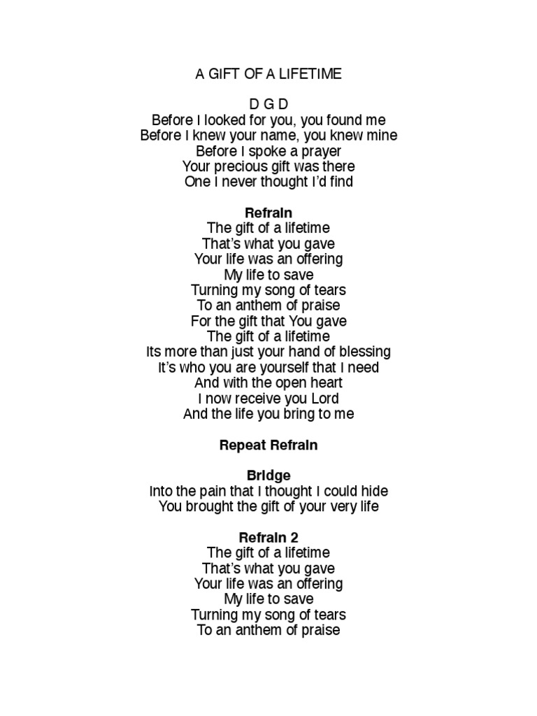 A Gift of A Lifetime Lyrics PDF
