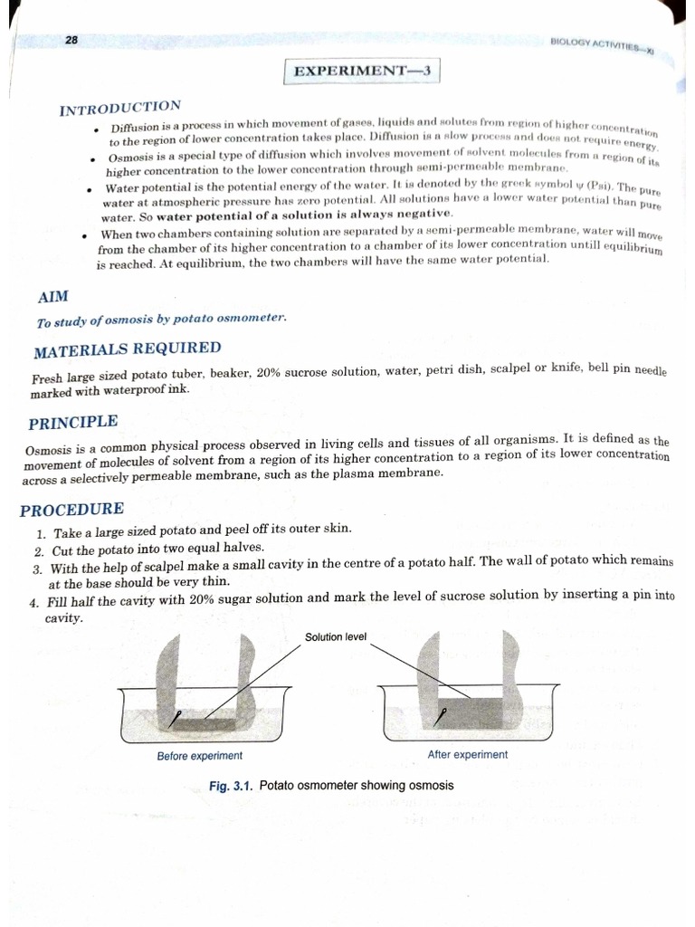 Practical 5. Study of Osmosis by Potato Osmometer PDF
