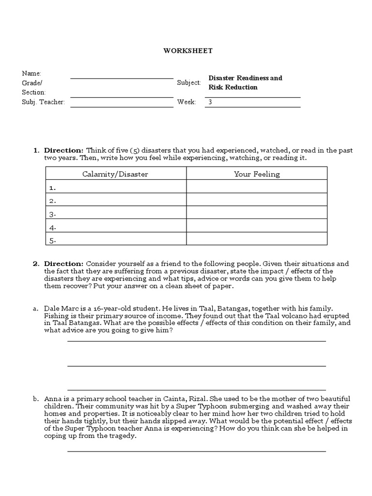 Disaster Impact Reflection Worksheet | PDF | Health Sciences | Medical ...