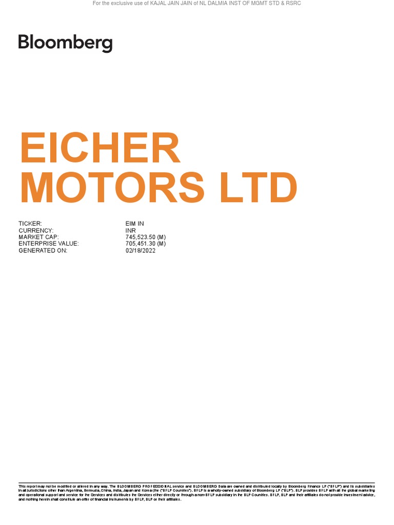 Eicher Motors Report PDF Bloomberg L.P. Business