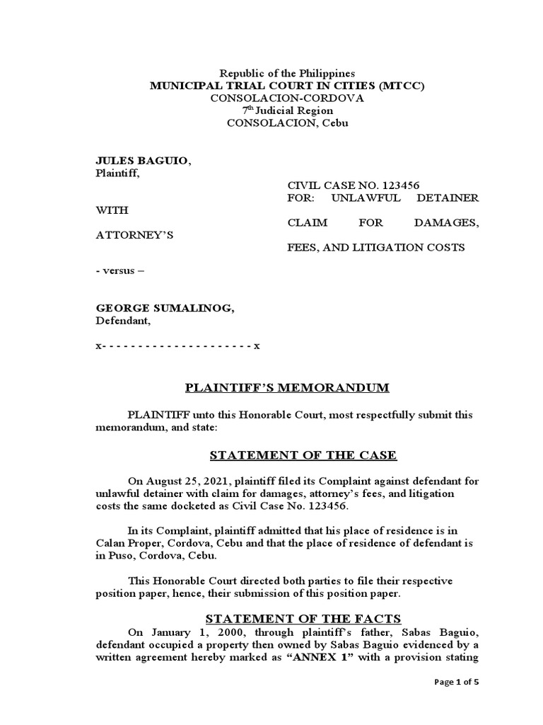 Municipal Trial Court in Cities (MTCC) : Plaintiff'S Memorandum | PDF ...