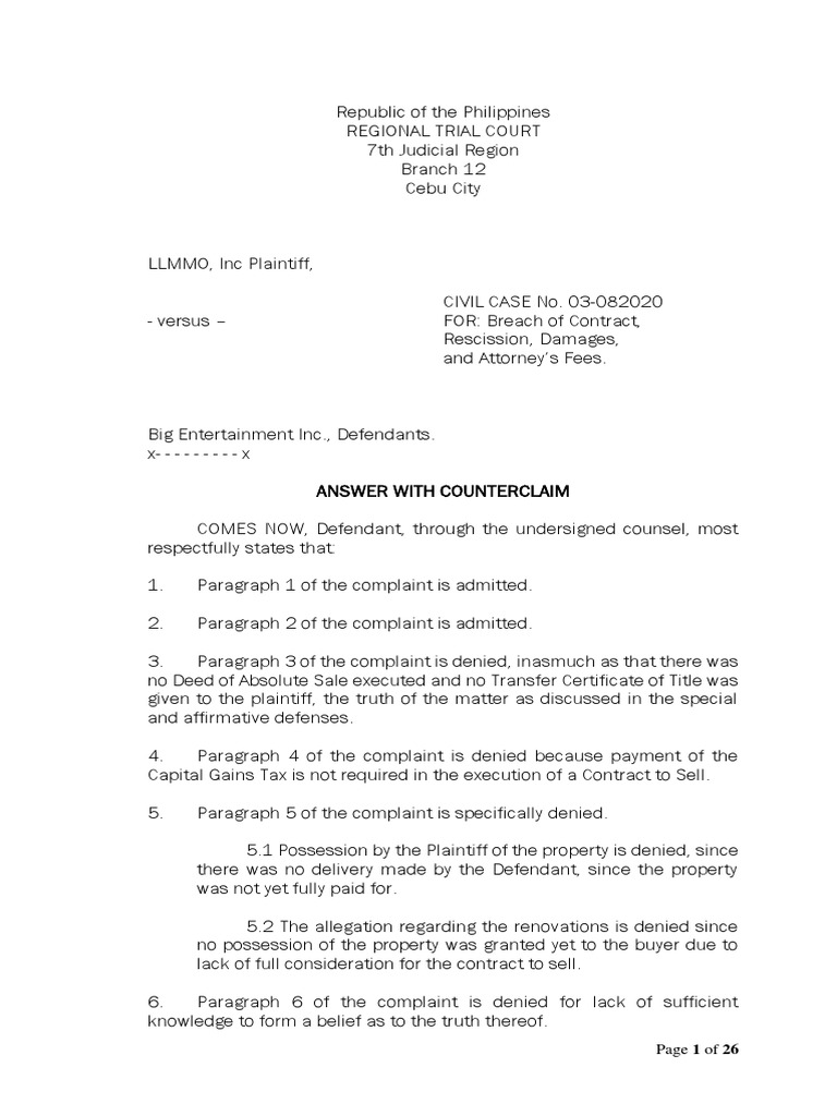 Breach of Contract ANSWER | PDF | Lawsuit | Affidavit