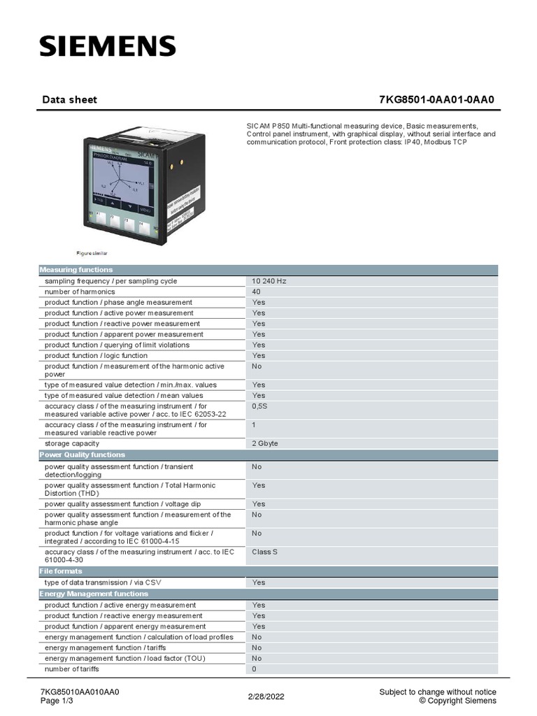 Data Sheet 7KG8501-0AA01-0AA0: Measuring Functions | PDF | Ac Power ...