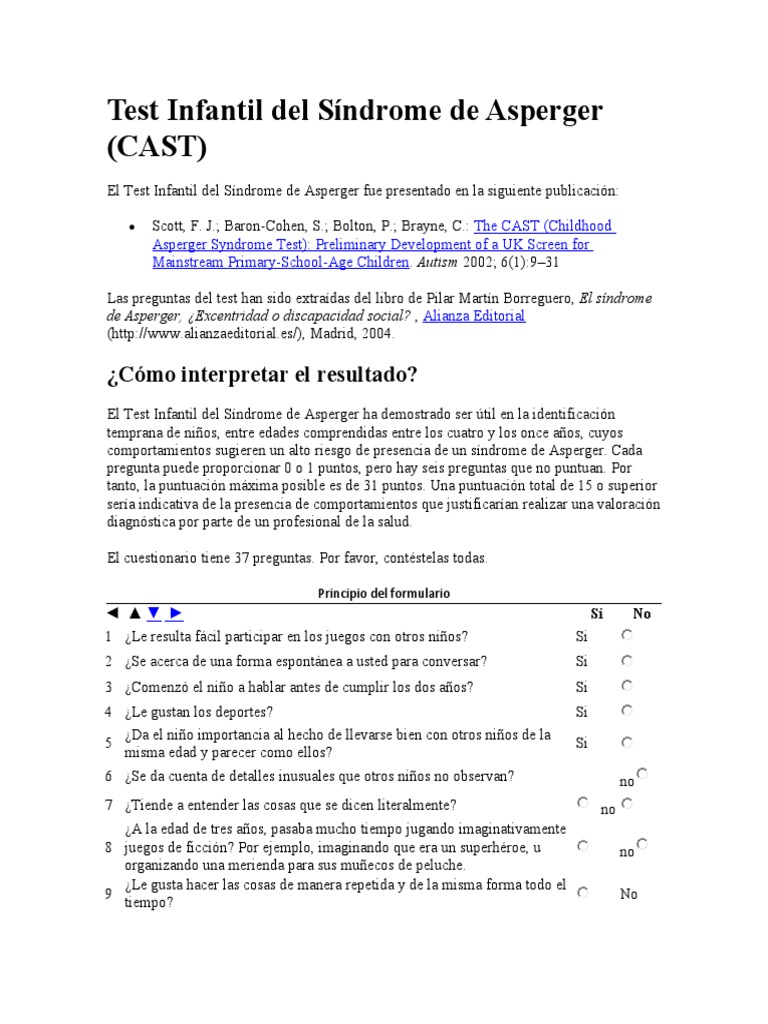 Test Infantil Del Síndrome de Asperger | PDF | Síndrome de Asperger
