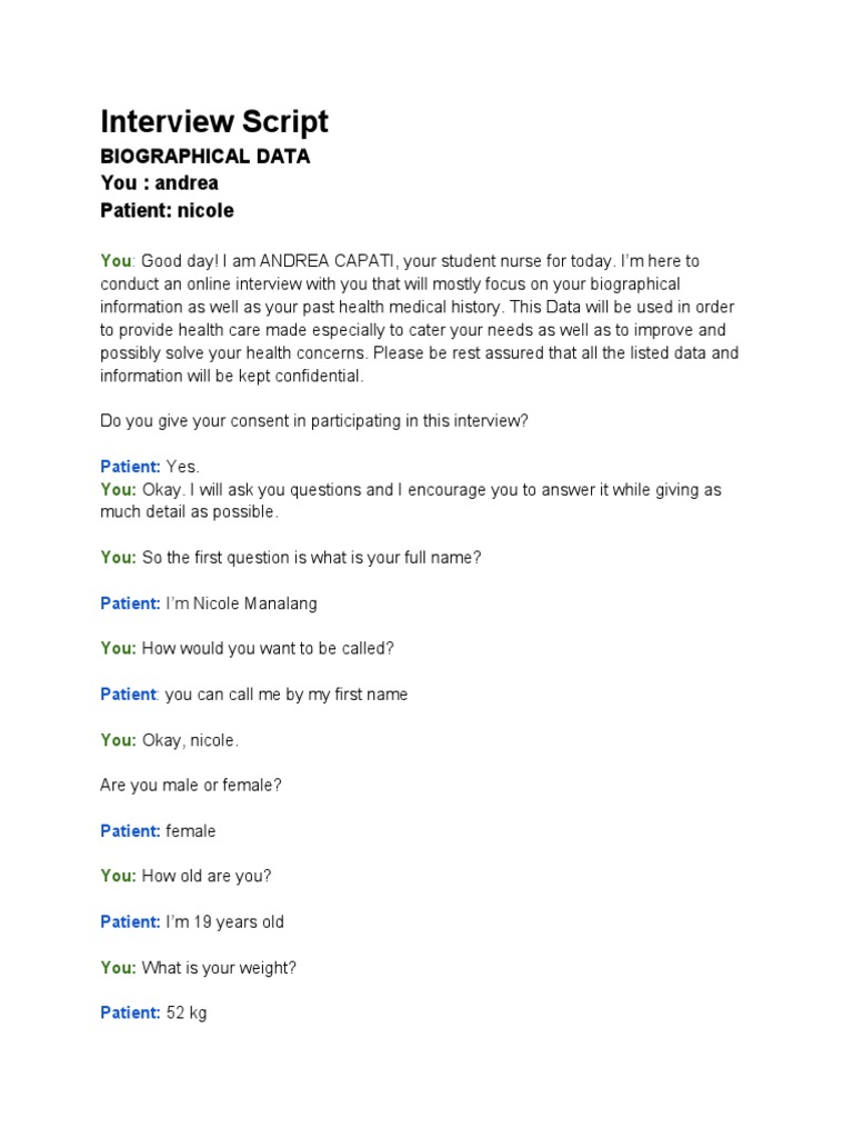 Interview Script: Biographical Data You: Andrea Patient: Nicole | PDF ...