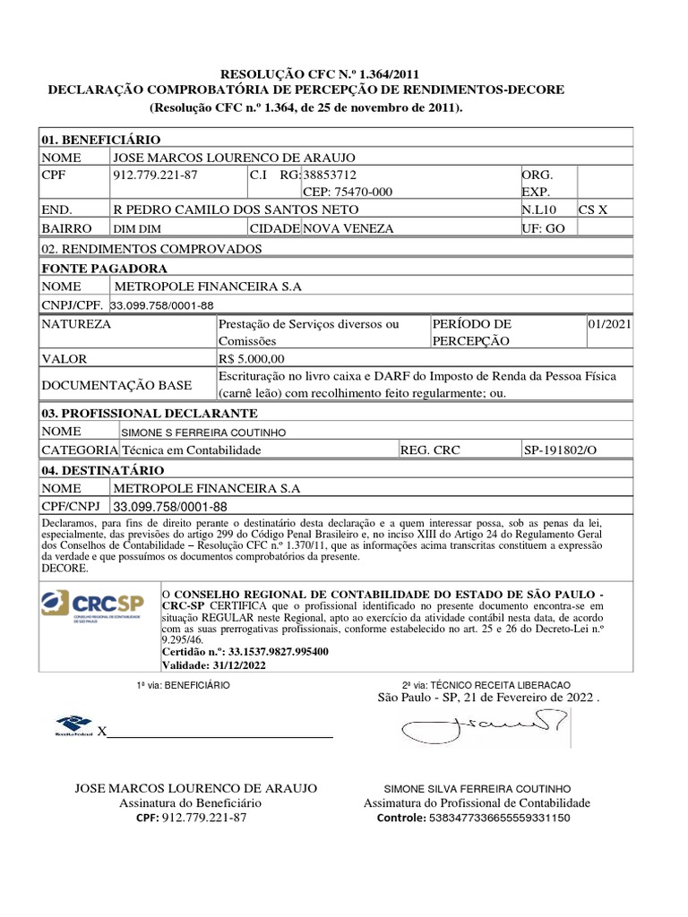 Modelo de Decore para Comprovação de Renda | PDF | Contabilidade | Justiça