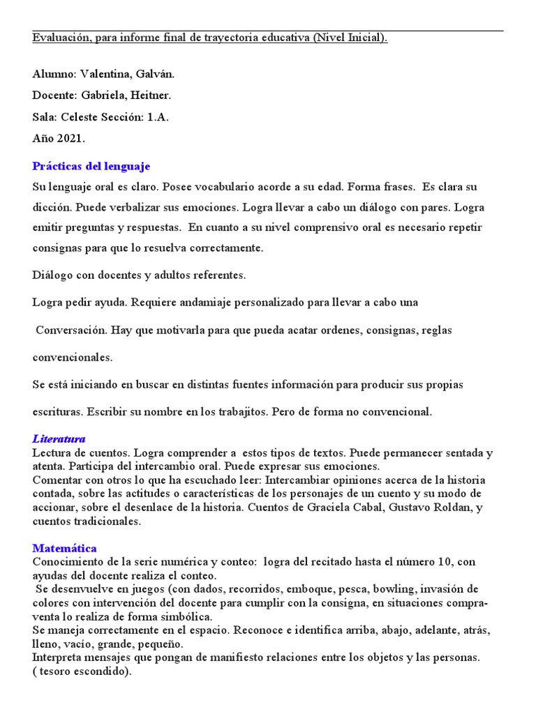 Evaluación Final Nivel Inicial | PDF | Artes del Lenguaje y ...
