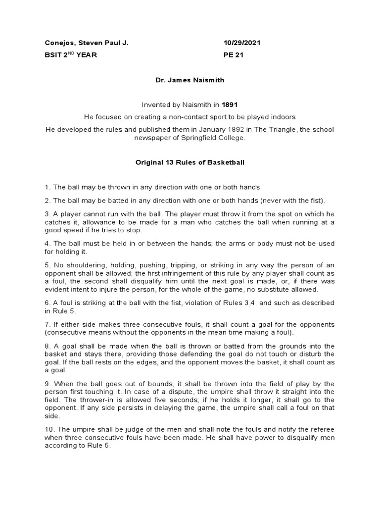 The Original 13 Rules of Basketball | PDF