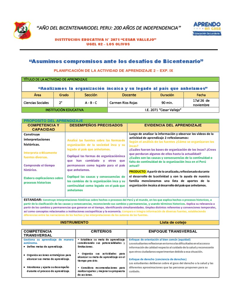 Exp 9 Actv 2 - CC SS 2° | PDF | Imperio Inca | Aprendizaje