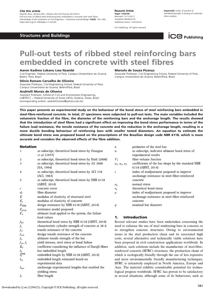 PullOut Tests of Ribbed Steel Reinforcing Bars Embedded in Concrete