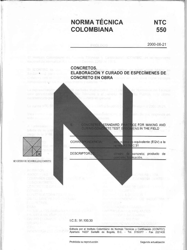 NTC 550: Curado de Concreto en Obra | PDF | Materiales