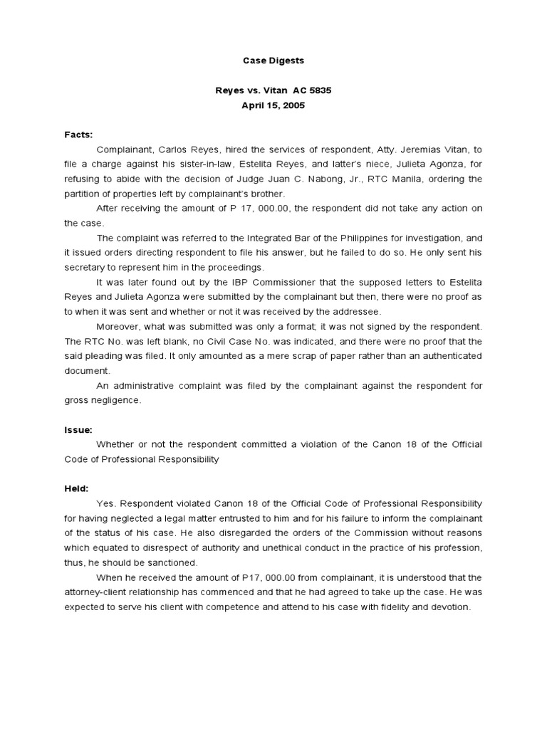 Case Digests Reyes vs. Vitan AC 5835 April 15, 2005 Facts PDF