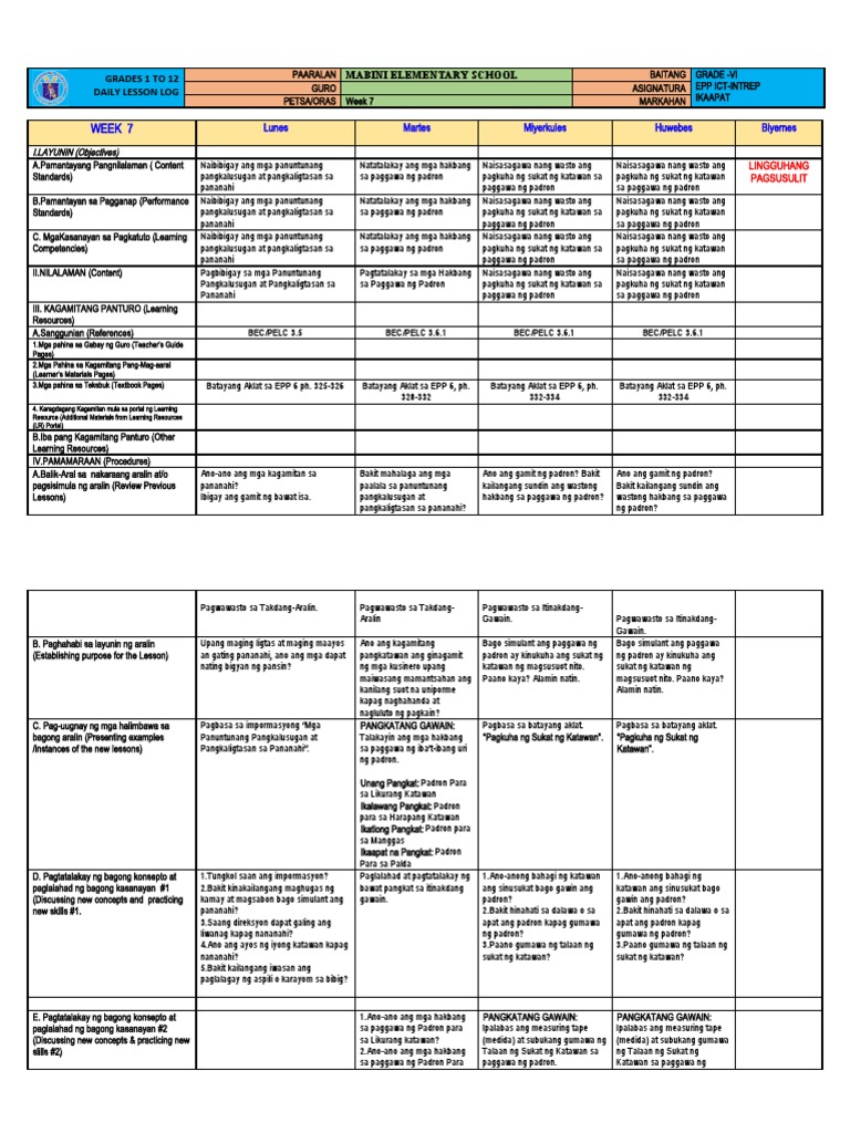 EPP Grade 6 Weekly Lesson Plan | PDF