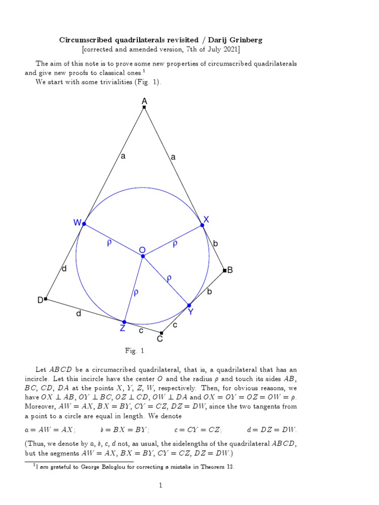 New Properties of Circumscribed Quadrilaterals | PDF | Sine | Perpendicular