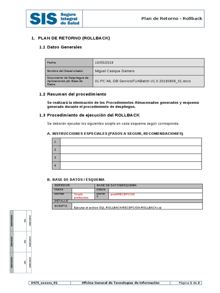 Plan de Retorno: Procedimiento Rollback | PDF | Servidor (Computación ...
