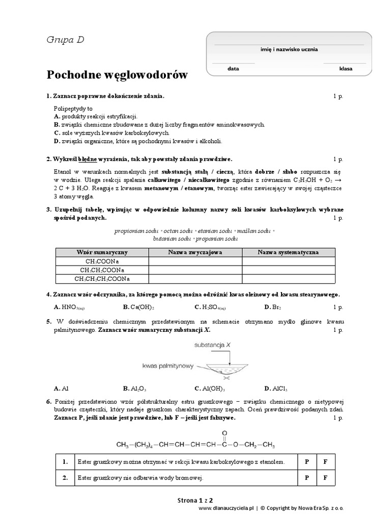 Pochodne Węglowodorów Sprawdzian Pdf Odpowiedzi