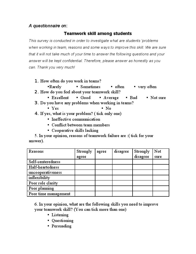 Teamwork Skills Questionnaire | PDF