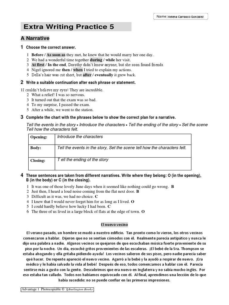 Narrative Exercises 1º 05advantage1 - ExtraWritingPrac5 | PDF