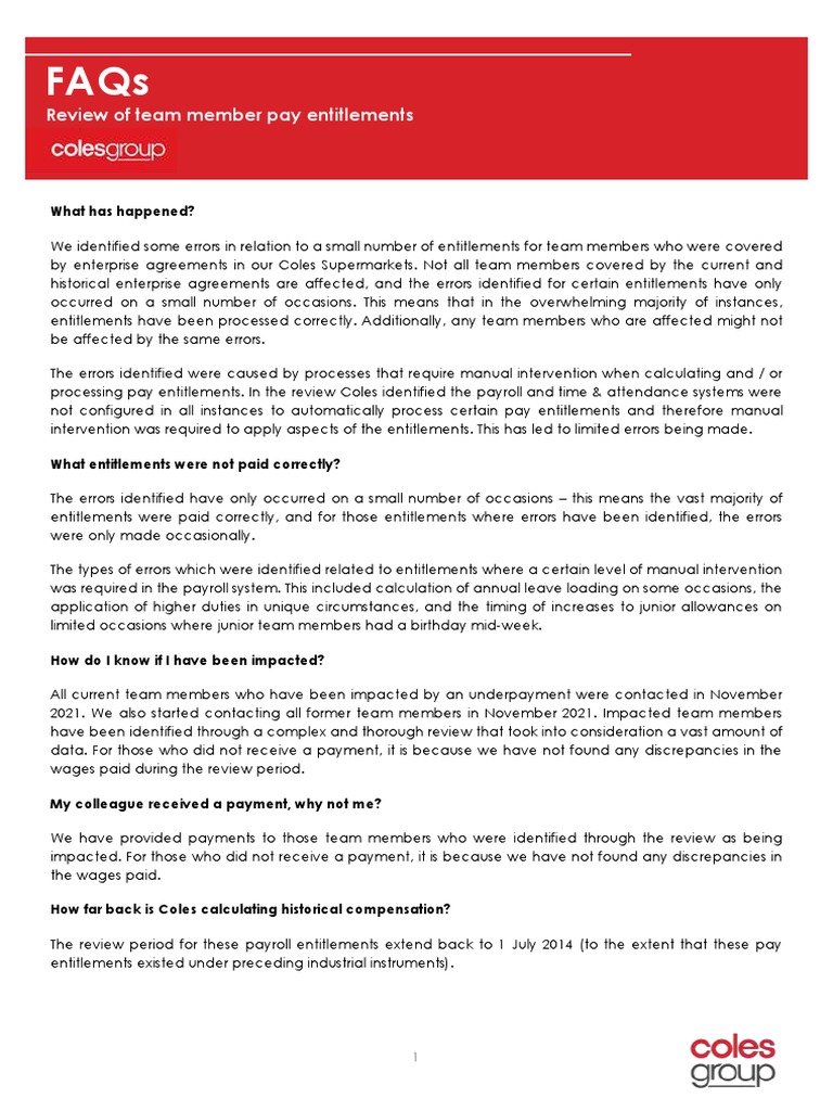 Review of Team Member Pay Entitlements Frequently Asked Questions Regarding Identified Errors