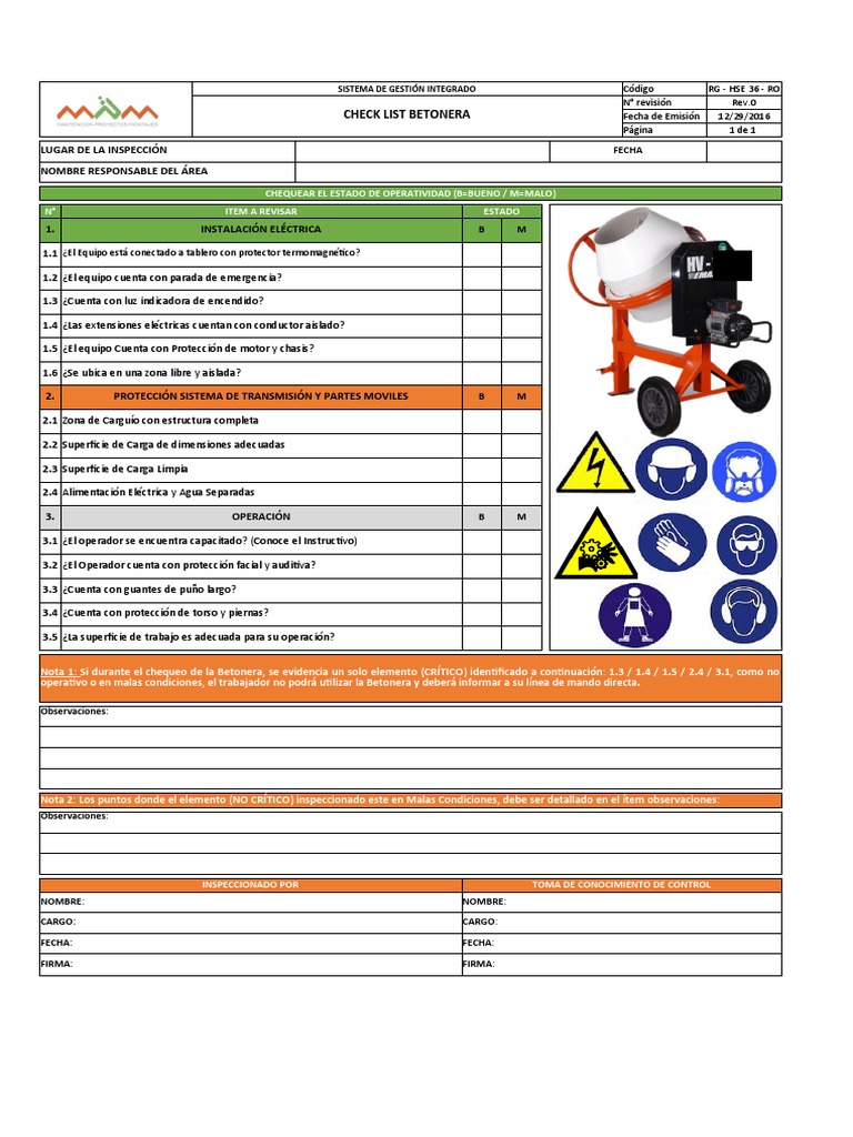 Check List de Inspección de Betonera | PDF