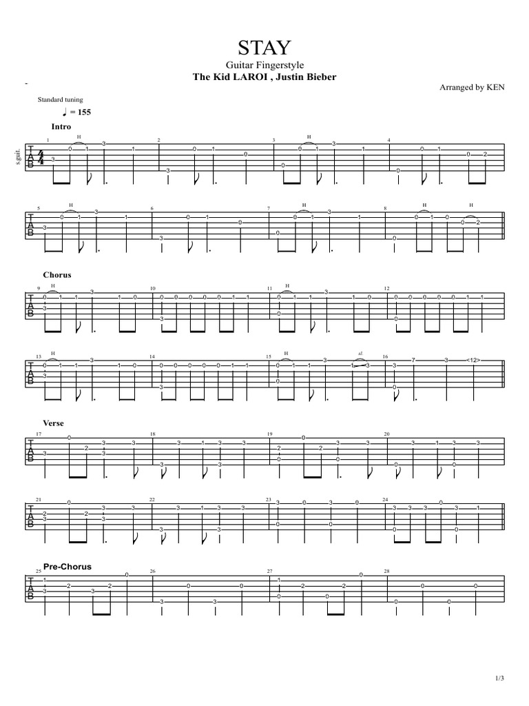Stay Fingerstyle Tabs for Guitar | PDF | Songs | Musical Compositions