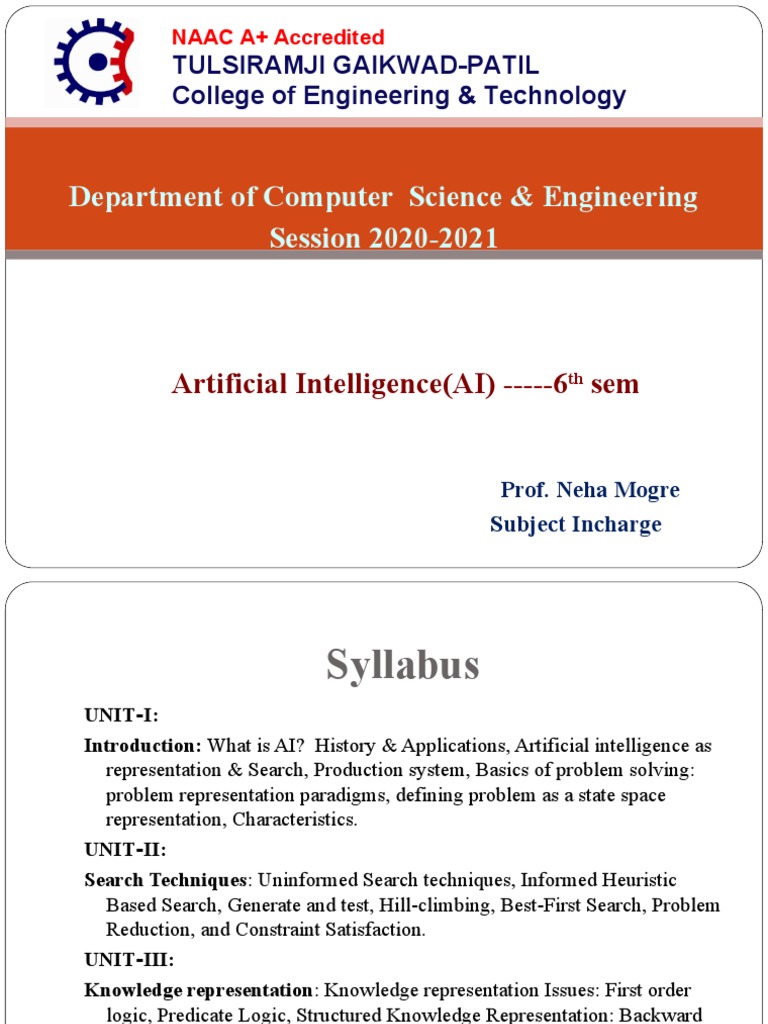 AI Syllabus for Computer Science 6th Sem | PDF | Artificial ...
