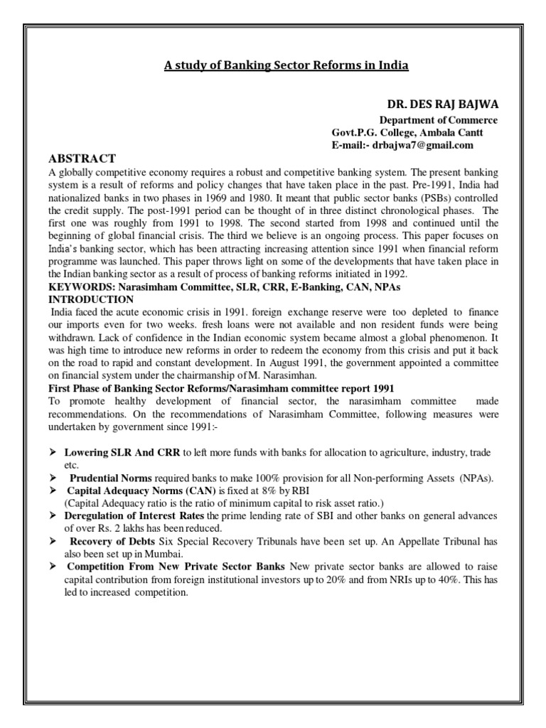 Banking Sector Reforms in India Since 1991 | PDF | Reserve Bank Of ...