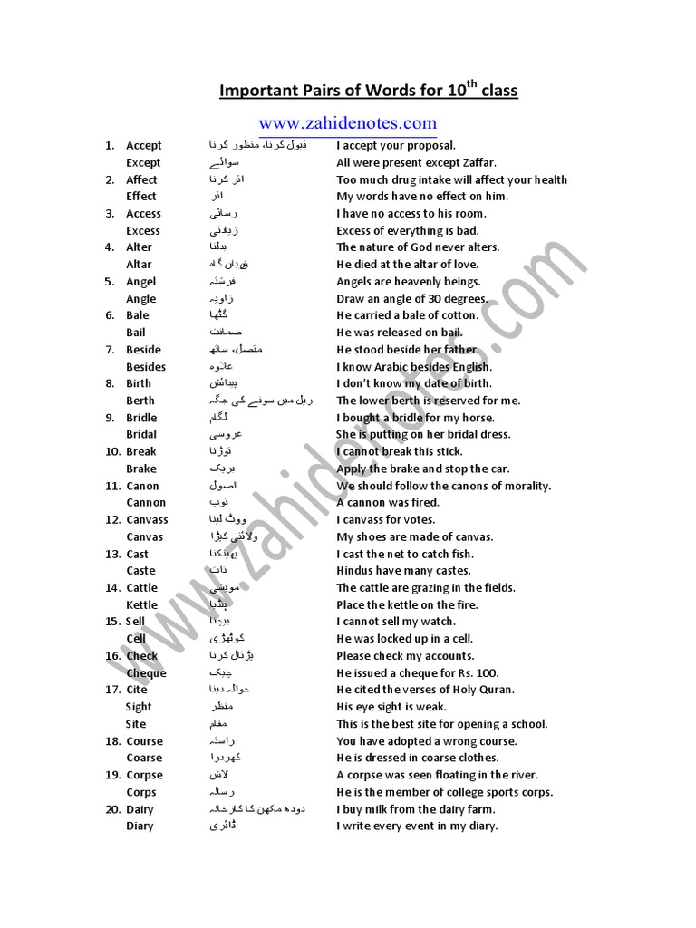 Essential Word Pairs for 10th Class | PDF