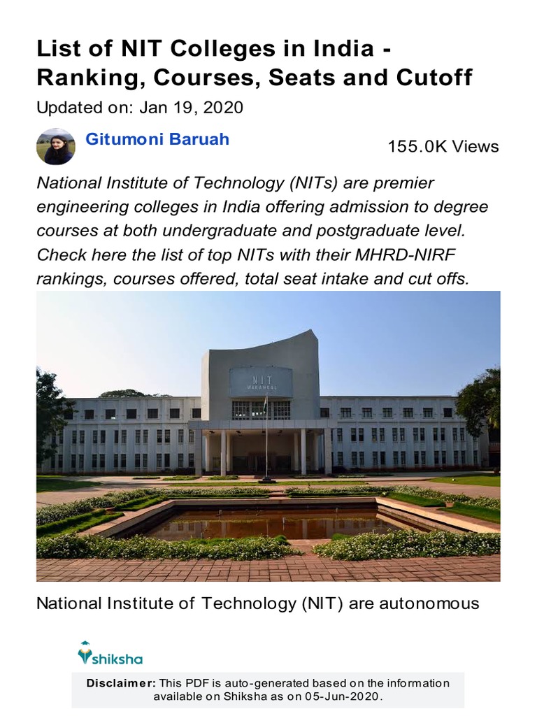 List of NIT Colleges in India Ranking, Courses, Seats and Cutoff