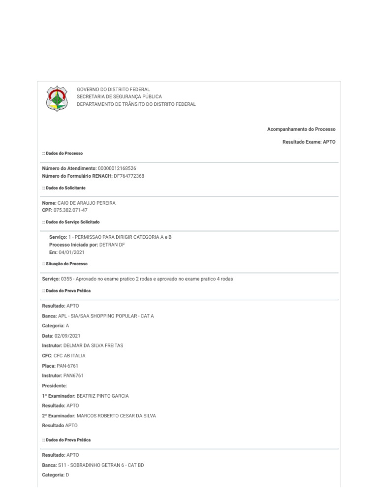 Detran-DF - Portal - Resultado de Exame Prático | PDF