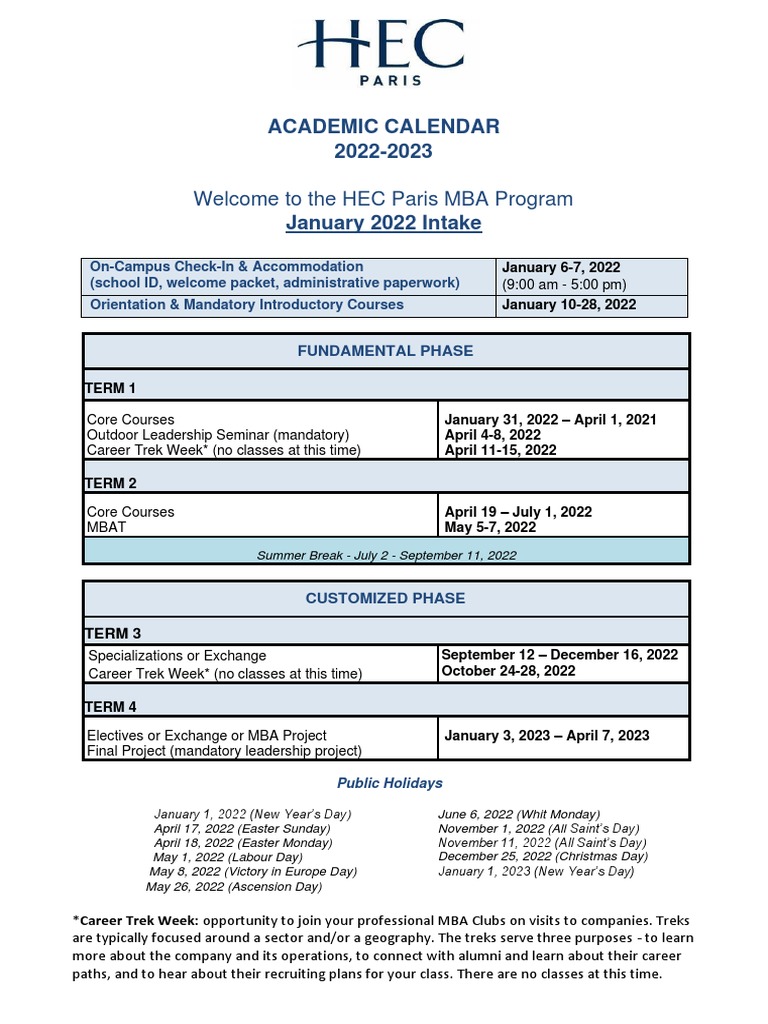 To The HEC Paris MBA Program Academic Calendar 20222023 PDF