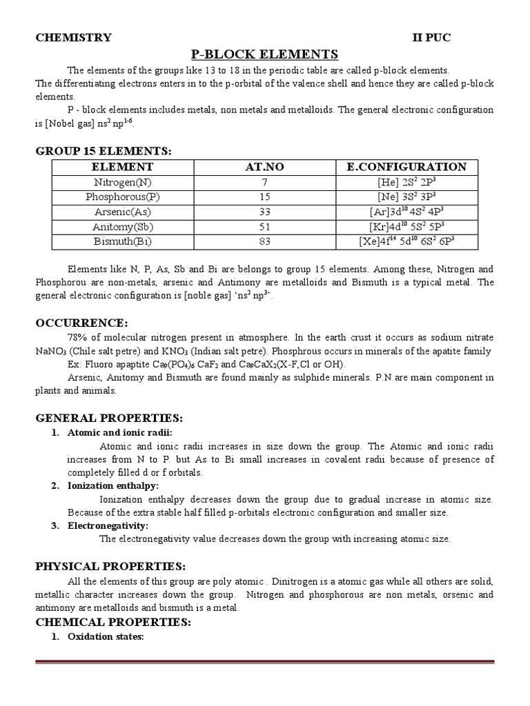 P Block 15TH Group Elements Notes | PDF | Nitrogen | Nitric Acid