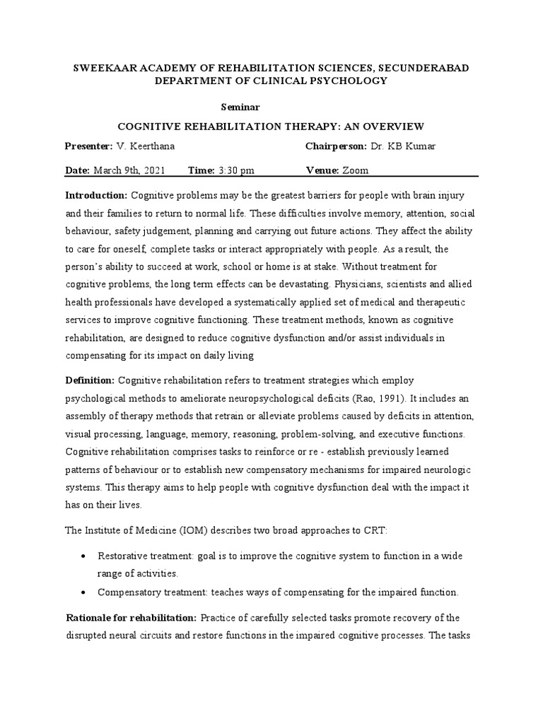Overview of Cognitive Rehabilitation Therapy | PDF | Physical Therapy ...