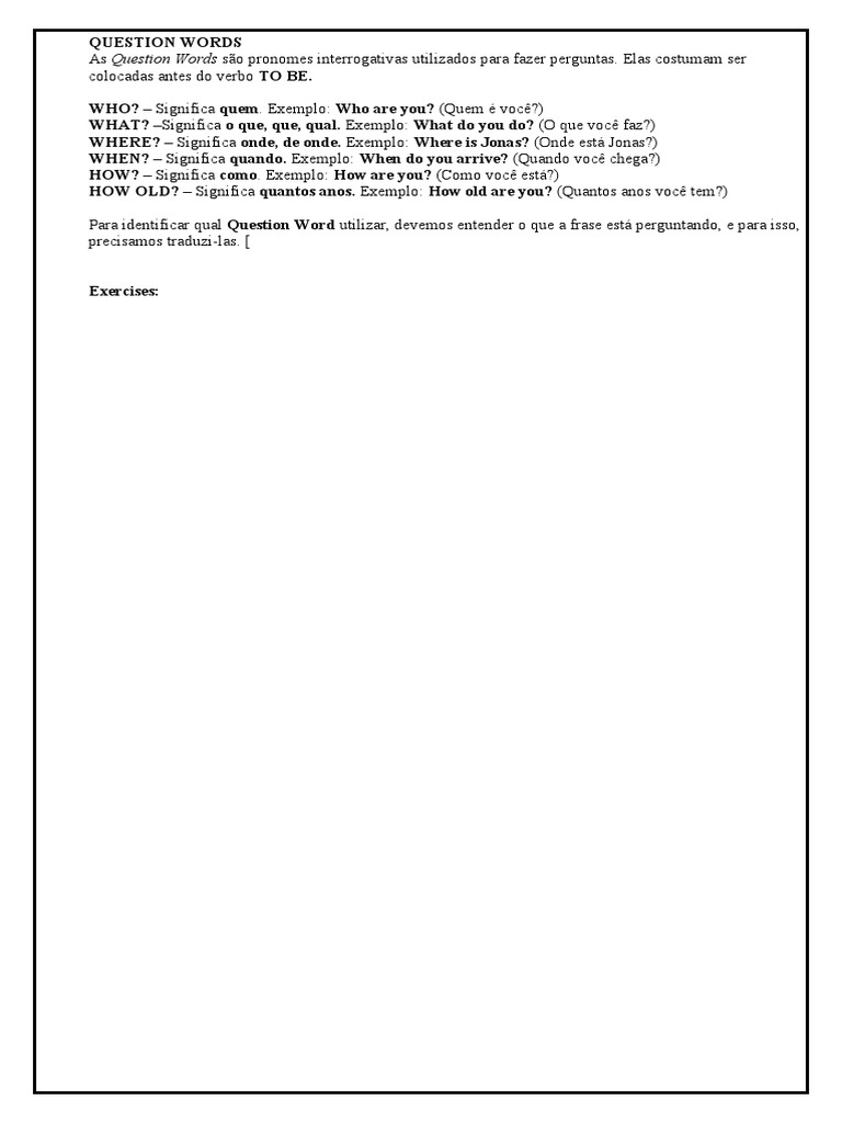 QUESTION WORDS - Conteúdo e Exercícios | PDF
