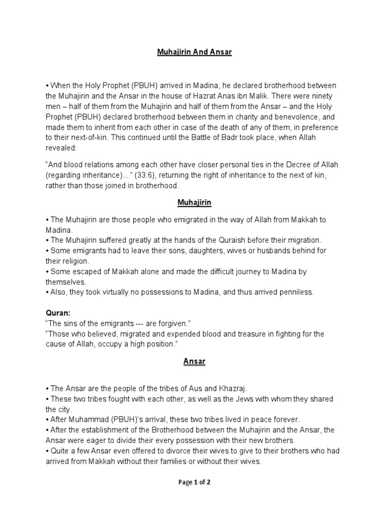 Notes On Muhajirin and Ansar | PDF