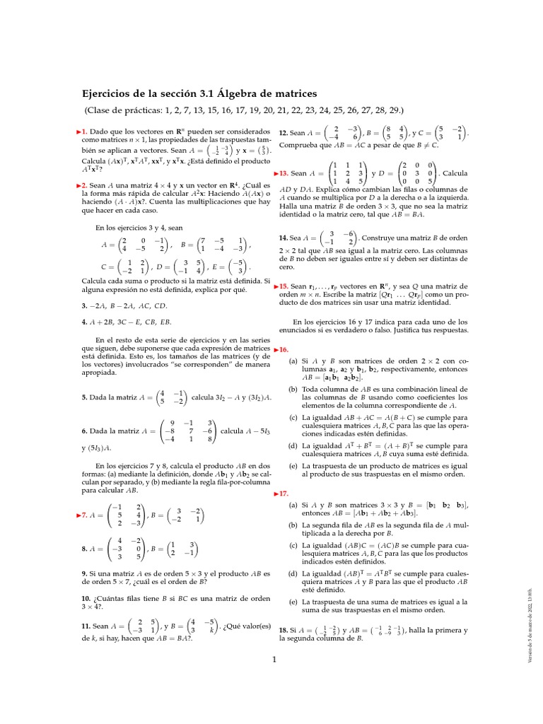 Ejercicios de Álgebra de Matrices 3.1 | PDF | Matriz (Matemáticas ...