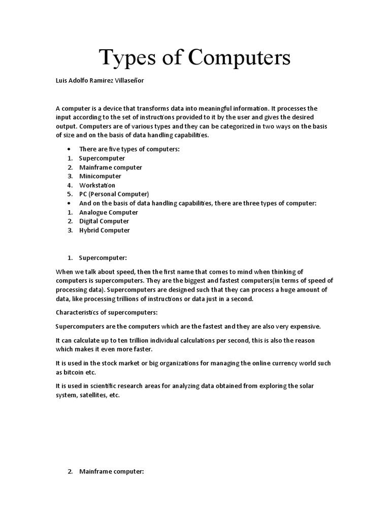 Types of Computers PDF Personal Computers