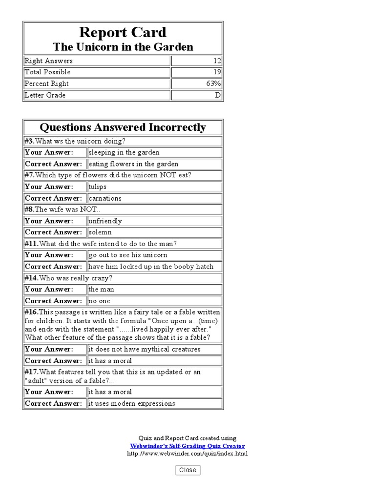The Unicorn in The Garden Report Card PDF