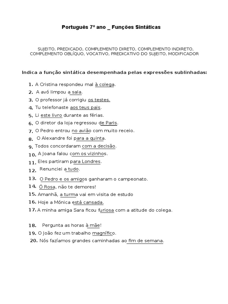 Ficha Portugues 7 8 9 Anos Funcoes Sintaticas | PDF