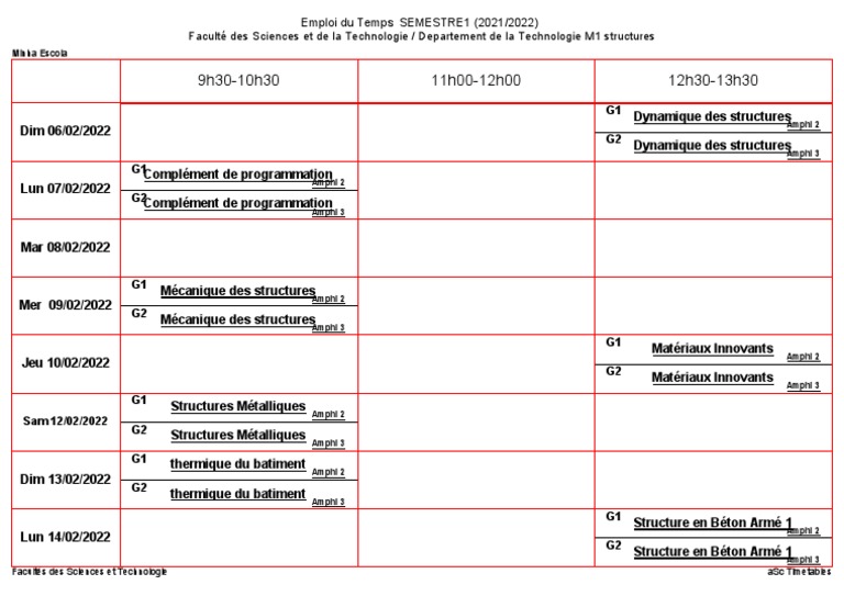 Emploi du Temps M1 Structures 2021/2022 | PDF | Génie du bâtiment ...