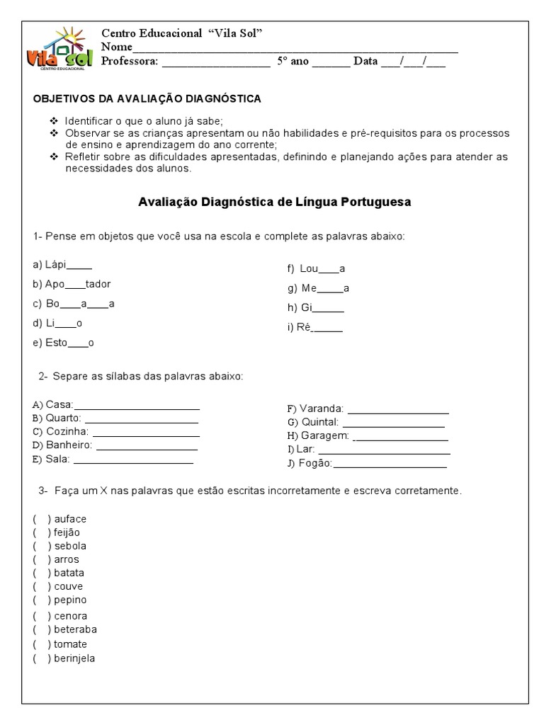 Avaliação Diagnóstica 5º Ano Português | PDF | Cães