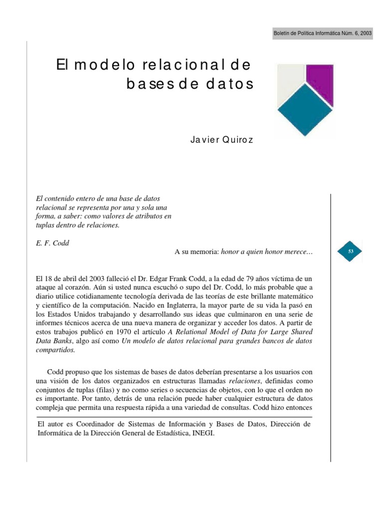 El Modelo Relacional de Bases de Datos | PDF | Base de datos relacional ...