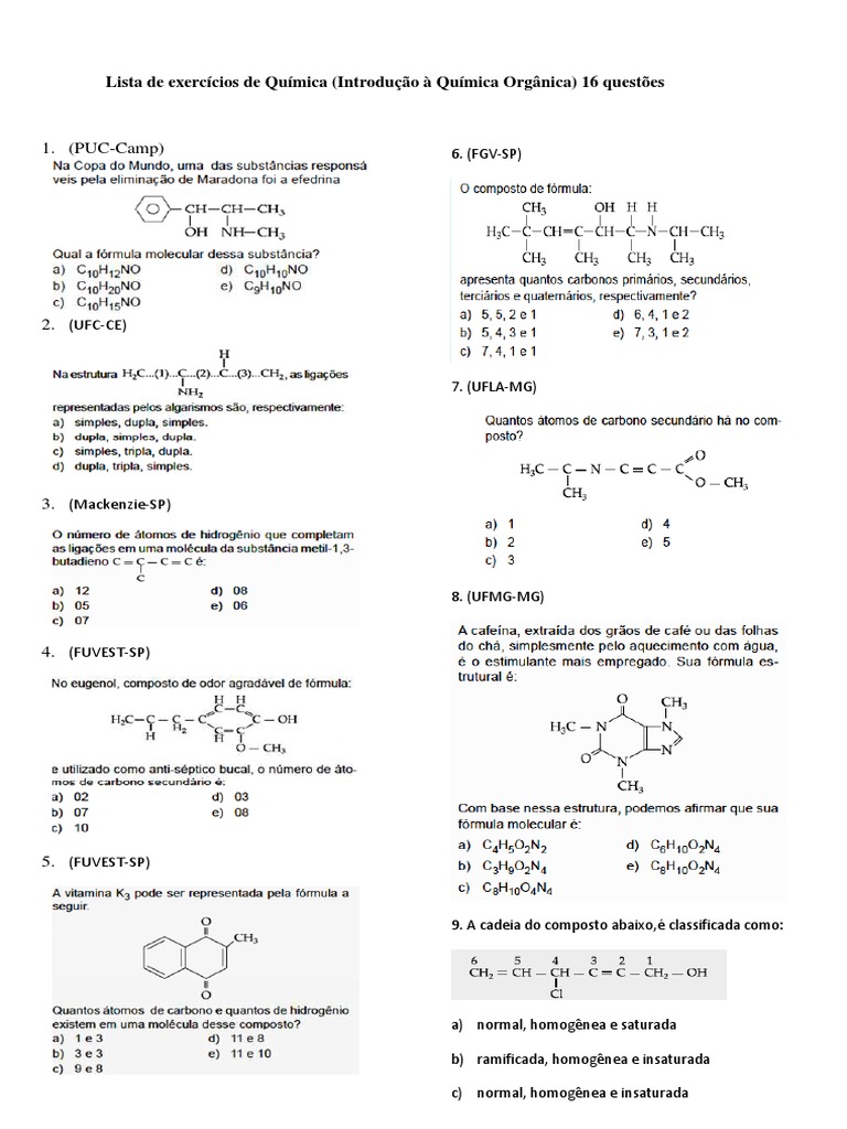 Exercícios de Química Orgânica: 16 Questões | PDF