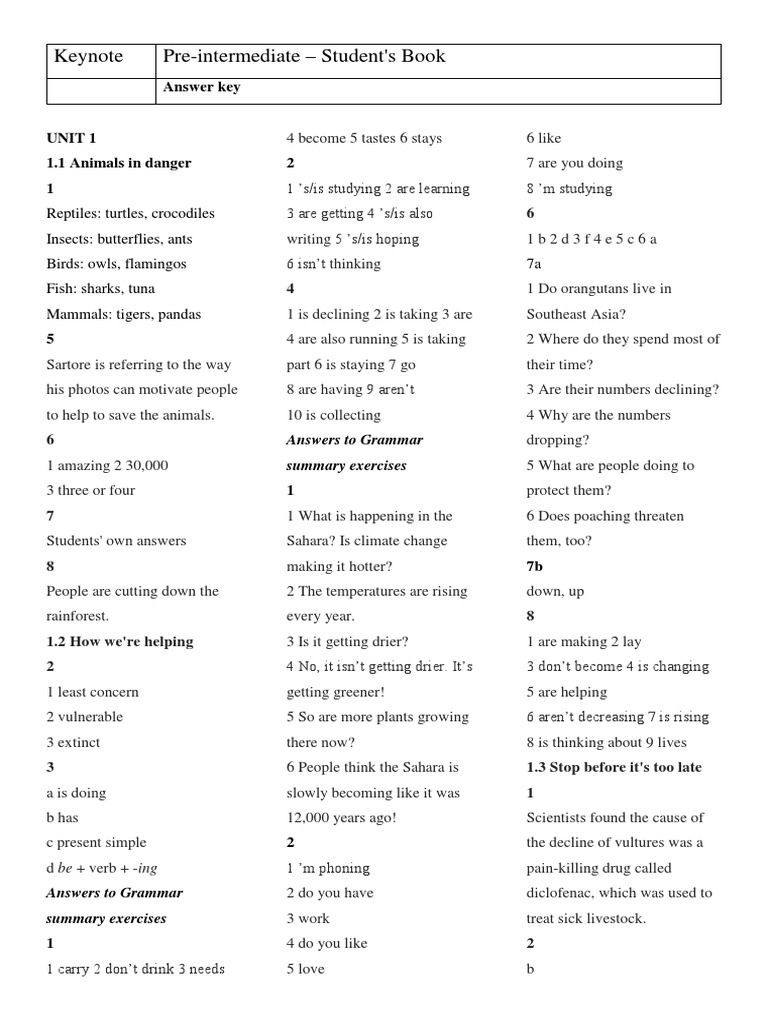 Keynote Pre-Intermediate Answer Key | PDF
